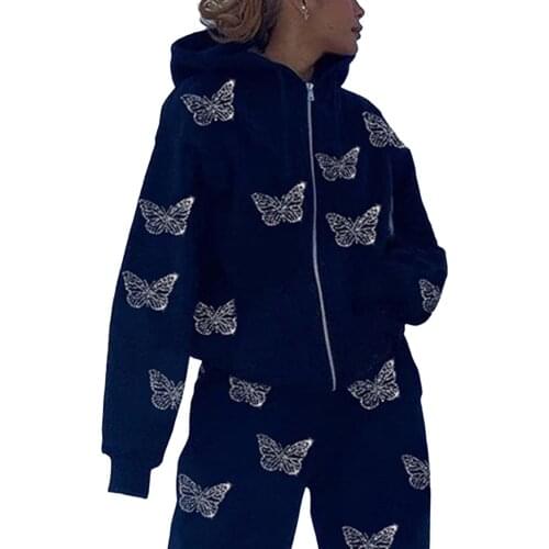 Butterfly Pattern Pants Set Women 2 Pieces Set Oversize Loose Hoodies Suit Causl Sweatshirts High Waisted Sweatpants 90S