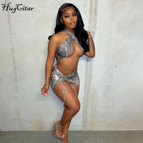 Hugcitar 2021 Vintage Print Sleeveless Bandage Sexy Crop Top Skirt 2 Pieces Set Summer Women Fashion Streetwear Y2K Tracksuit