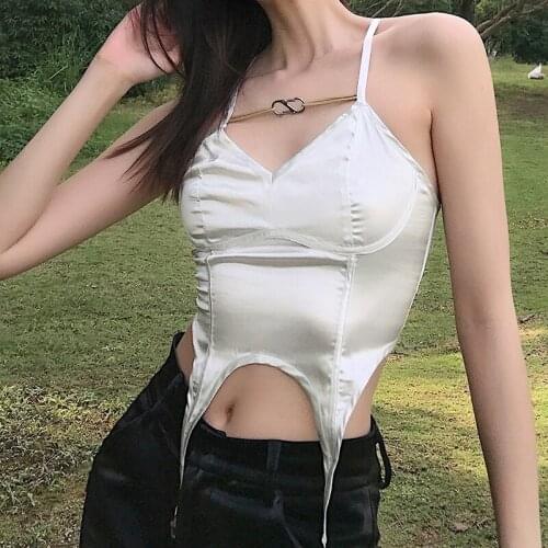 2021 New Women Summer Fashion New Close-fitting Camisole White Solid Color V-neck Crop Tops With Lrregular Hem, S/ M/ L