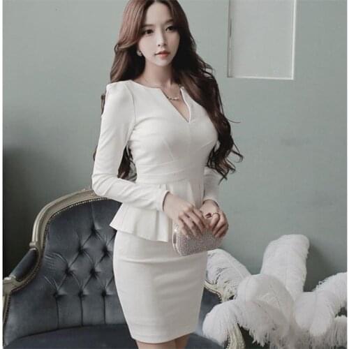Sexy Women Ruffles Formal Office Dress High Waist V Neck Long Sleeve Evening Party Dress Bandage Bodycon Clubwear Vestidos XXL