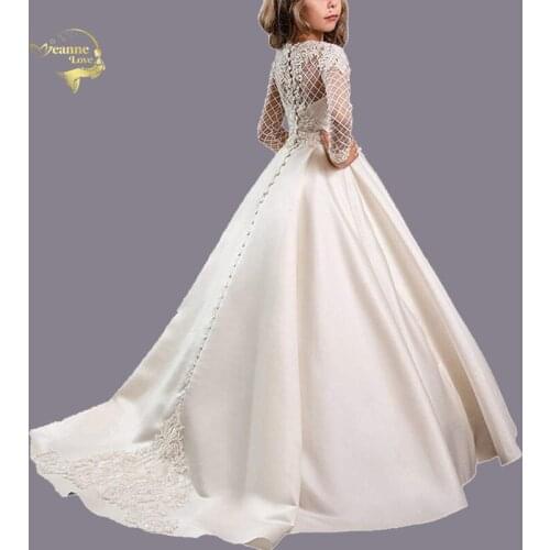 Flower Dress Long Sleeves Satin Elegant Girl Ceremony Dresses Kids Ball Gown Buttons Skirt Appliqued daminhas de honra casamento
