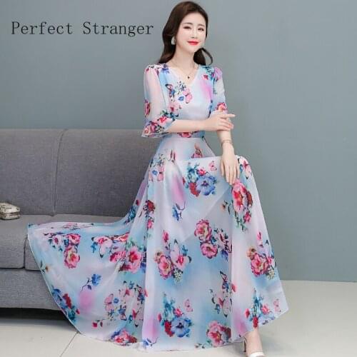 High Quality 2021 Summer Dress For Women V Collar Floral Printed Short Sleeve Women Chiffon Long Dress