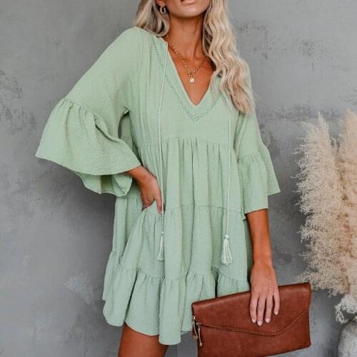 Happie Queens women Vintage linen cotton bohemian Mini Dress ladies batwing Sleeve v-Neck Boho Beach Dresses
