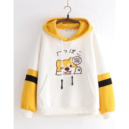 Winter Japanese Kawaii Women Hoodies Harajuku Animal Graphic Warm Clothes Sweet Yellow Hoodie Cute School Girl Fleece Sweatshirt