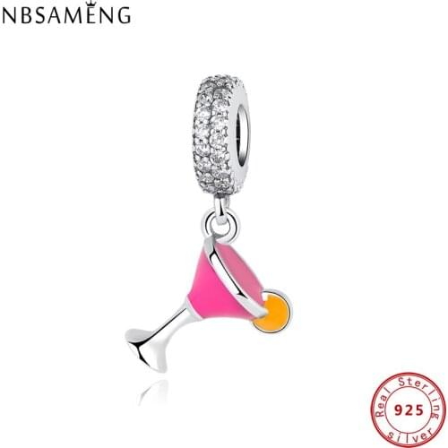 100% 925 Sterling Silver Charm Bead Pink Fruity Cocktail Pendant Enamel Charms Fit Original Bracelet DIY Women Fine Jewelry