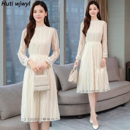 2021 Vintage Solid Lace Mesh Long Sleeve Midi Dresses Autumn Winter Plus Size Women Bodycon Dress Elegant Party Femal Vestidos