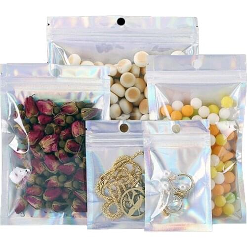 50Pcs Iridescent Ziplock Bags Pouches Cosmetic Plastic Laser Iridescent Bags Food Snacks Sealed Makeup Bags Hologram Zipper Bags