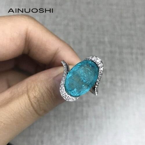 AINUOSHI 14K/18K Gold 8 Carat Oval Cut Lab Created Paraiba Personality Twist Shank Ring for Women Anniversary Party Jewelry