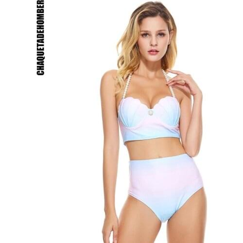 High Waist Bikini 2021 Sexy Gradient Shell Bikini Set Summer Women Swimsuit Pearl halter Push Up Swimwear Bathing Suit BeachWear