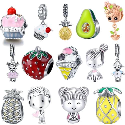 BISAER Hot Sale Couple Little Girl Boy 925 Sterling Silver Pineapple Food Avocado Beads Charm Bracelet Silver 925 Jewelry