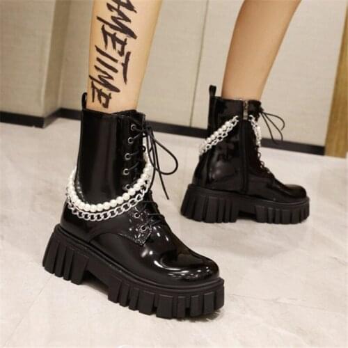 PXELENA Gothic Platform Boots Women Metal Chain String Beads Chunky Heels Motorcycle Biker Combat Martin Boots Fall Winter Shoes