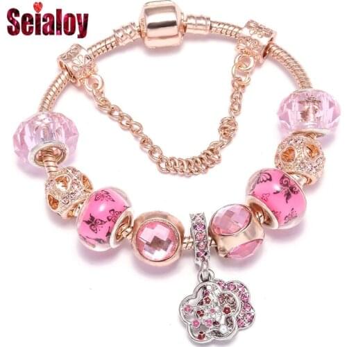 SEIALOY Rose Gold Bracelets For Women Girls Couple Pink Crystal Peach Blossoms Charm Butterfly Glass Love Beads Bracelet Bangles