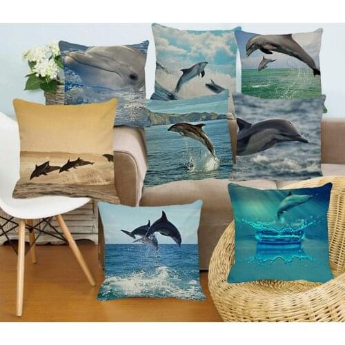 XUNYU Cute Beautiful Dolphin Cushion Cover Linen Throw Pillow Case Sofa Bed Decorative Pillowcase 45x45cm C0038