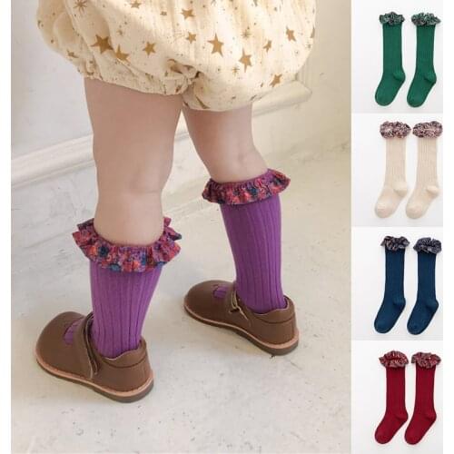 Autumn Winter Children Socks With Lace Cotton Breathable Baby Girls Knee High Socks Stuff Ruffle Princess Socks 1-7Years