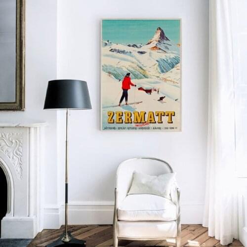 Canvas Painting Zermatt Switzerland Matterhorn Print Vintage Ski Poster Retro Wall Art Picture Travel Picture Home Wall Decor