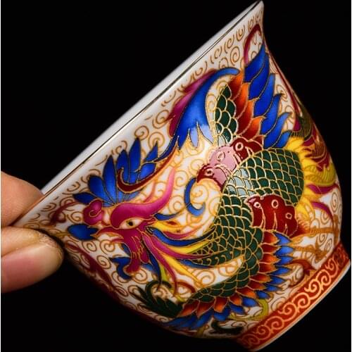 Ceramic Master Cup Single Cup Enamel Painted Gold Dragon Phoenix Pu'er Cup Tea Cup Ceramic Kungfu Teaset Tea Accessories