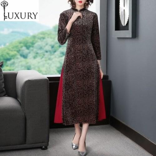 Chinese Top Quality Brand Qipao 2020 Autumn Winter Sexy Wild Leopard Print Color Block Patchwork Mid-Calf Dress 50s 60s