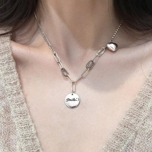 Utimtree S925 Sterling Silver Vintage Heart Round Card Chain Pendants Necklaces for Women Girl Party Jewelry Retro Collares
