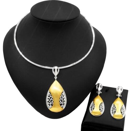 Yulaili Silver Plated Necklace Gold Drop Shape Hollow Jewelry Set Ethiopian Bride Wedding Jewelry Sets Earrings Wholesale Gifts
