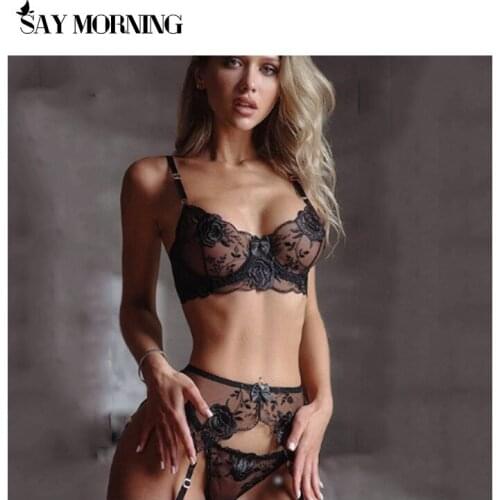 SAY MORNING 3-piece Bra Set Women Hallow Out Transparent Bra Set 2020 Ladies Sexy Underwear Lingerie Set