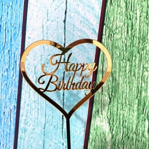 Love Heart Happy Birthday Acrylic Cake Topper Gold Birthday Cake Baking Decoration for Baby Birthday Party Cake Decorations New