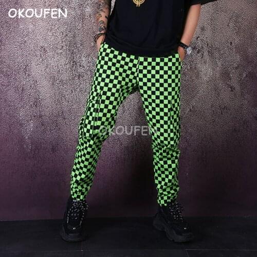 Mens stretch feet pants nightclub hairdresser tide pants new fashion mens green checkered casual pants overalls