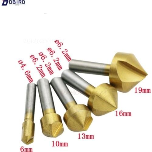 5 Pcs Countersink Drill Bit Set Hex Shank HSS 5 Flute Countersink 90 Degree Wood Chamfering Cutter Chamfer 6mm-19mm