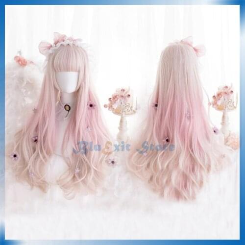 Harajuku Lolita Wig Sweet Pink Curly Synthetic Hair Wavy Fringe Bangs Adult Girls Daily Ear Hair Heat Reistant Cute Girl