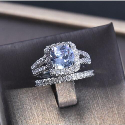 QTT Luxury Gorgeous Ring Sets Square Zircon Vintage 925 Sterling Silver Rings Wedding Fashion Accessories Jewelry for Women