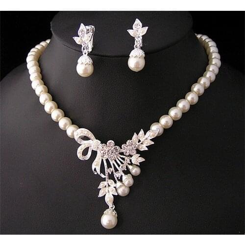 Vintage Female Crystal Flower Jewelry Set Charm Silver Color Wedding Dangle Earrings For Women Dainty White Pearl Chain Necklace