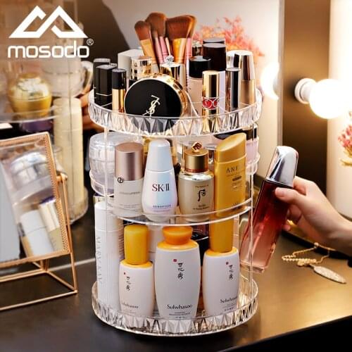 Mosodo Rotating Makeup Organizer Acrylic Box Dresser Cosmetics Storage Rack Skincare Beauty Products Holder Shelf Storage Tools