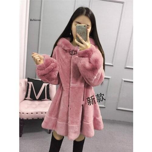 High quality long gray winter faux fur coat women with hood long sleeve Plus size warm fluffy furry jacket