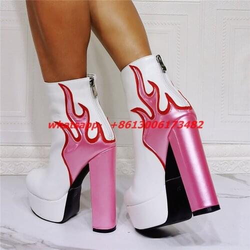 Real photos woman large size 46 white Platform flame thick heel super high heel ankle boots pink flame chunky heel platform boot