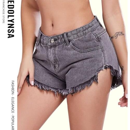 Exy Summer Women Denim Shorts Dark Grey Ripped Short Jeans Femme Tassel Lace Up Bandage Hotpants Denim Ultra Short Shorts Y136