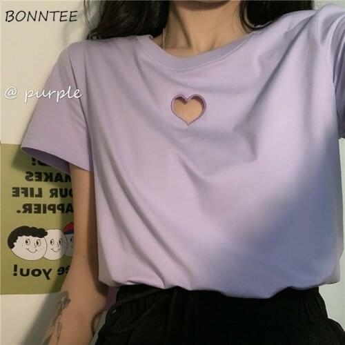 T-shirts Women Hollow Out Heart-shape Korean Style Chic Trendy Popular College Students All-match Ulzzang Summer Female Top Soft