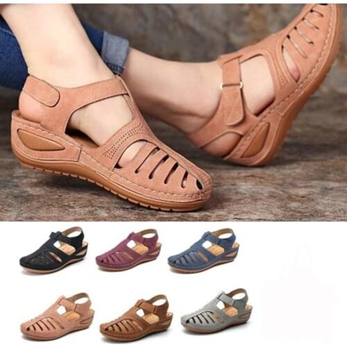 Retro Womens Sandals Car Line Hole Shoes Non-Slip Round Toe Wedge Comfortable Sandals Women Ankle Hollow Round Toe Sandals