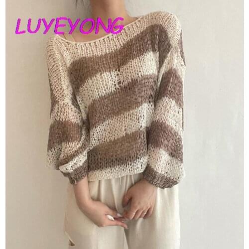Casual Knitted Top Women Lantern Long Sleeve O Neck Thin Hollow Out Sweaters Striped Loose Harajuku Lady Korean Fashion Sweater