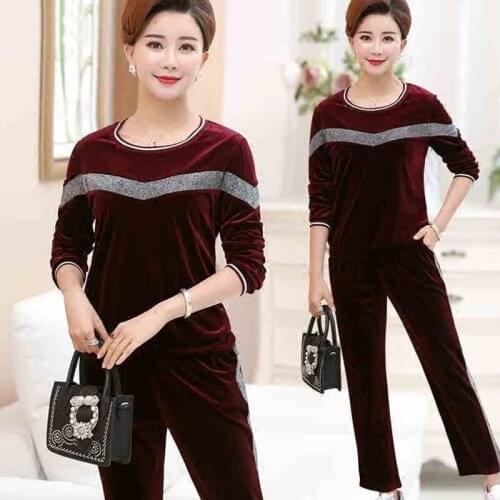 Moms Spring Autumn New Gold velvet Wide Leg Pants Set Middle-aged Long Sleeve Top+Pants two-piece Fashion casual Set women