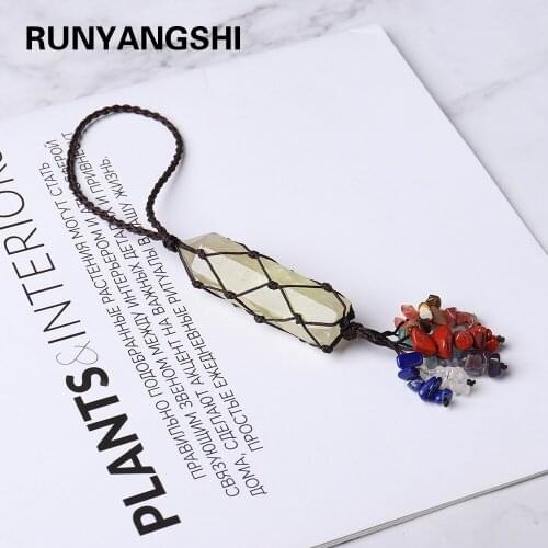 1pc Natural citrine crystal point Hand woven net bag Pendant Seven chakras Crystal Pendant For car / bag hanging