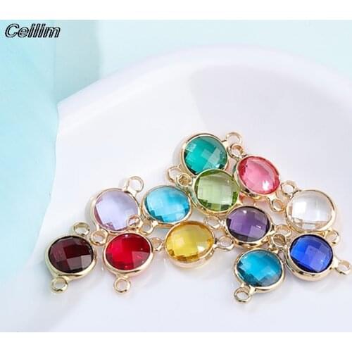 10pcs Gold Color Round Birthstone Charms Connectors 8mmx14mm Acrylic Double Charms For Diy Bracelet Making Accessories Findings