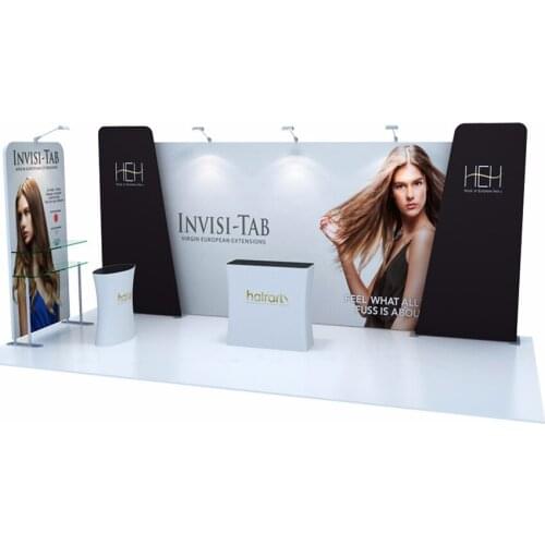 20ft Protable Custom Tension Fabric Trade Show Displays Pop Up Banner Booth Exhibits Kit with Counter Lights Products Shelf