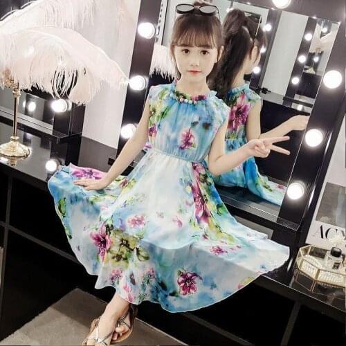 2021 Girls Summer Casual Floral Chiffon Dress Princess Fashion Sleeveless Beach Dress 2 Kids