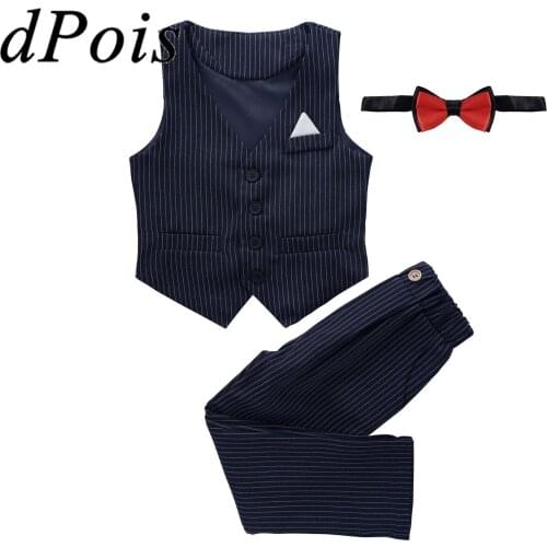3Pcs Kids Boys Formal Party Suits Striped Outfits Gentleman Costumes Vest Waistcoats Pants Boys Suits Childrens Clothes Sets