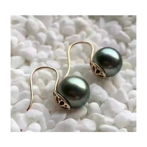 Free shipping>>>>noble jewelry pair 10-11mm round natural black green pearl earring yellow gold 14k