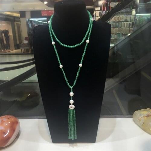 Hand knotted long natural green stone white freshwater pearl micro inlay zircon clasp tassel necklace fashion jewelry