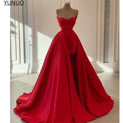 YUNUO Elegant Dubai Strapless Formal Evening Dresses Long Arabic Turkish Red Satin Prom Dress Womens Party Gowns فساتين السهرة