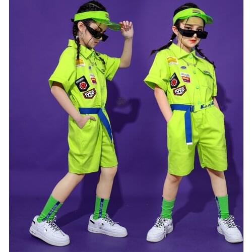 Fluorescent Green Hip Hop Outfits For Girls Children Jazz Street Dance Wear Boys Loose Ballroom Hip Hop Dance Costumes DQS7392
