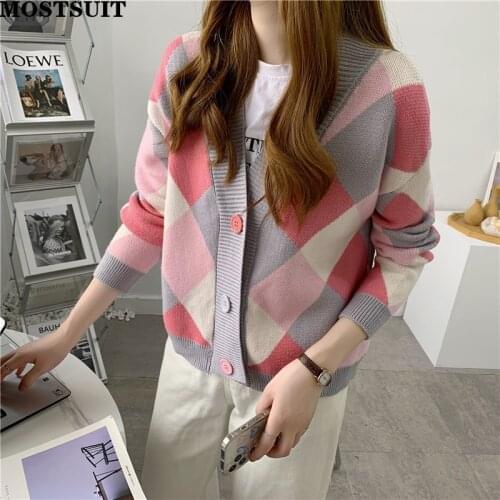 Plaid Knitted Women Cardigan Sweater Full Sleeve V-neck Single Breasted Jumpers Tops Elegant Fashion Loose Female Knitted Coat