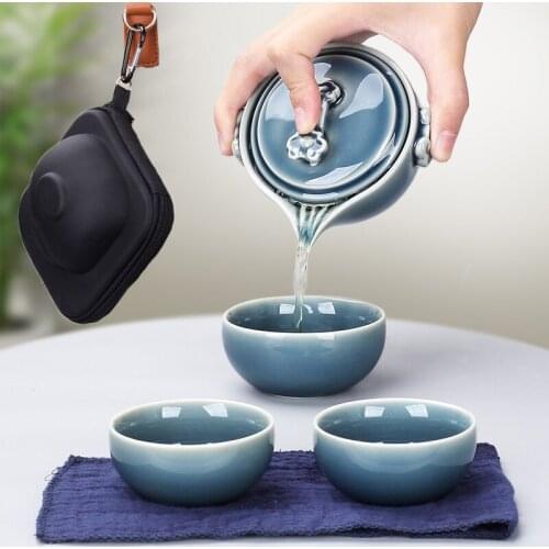 Black Pottery One Pot Three Cups Tea Sets Portable Travel Home Office Cups Ceramic Tea Coffee Container With Bag Free shipping