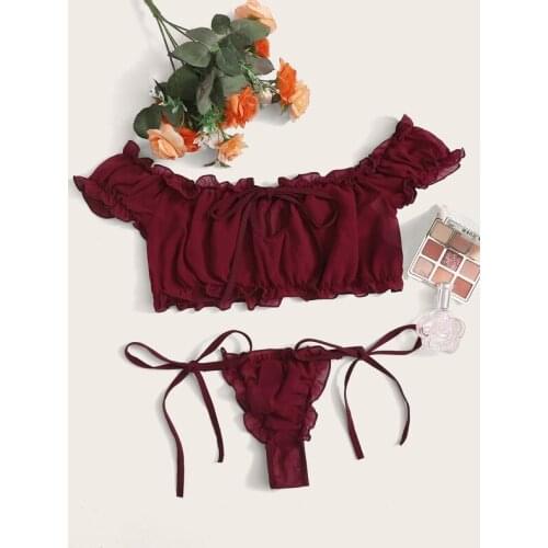 2 Pcs Ladys Solid Color Sexy Lingerie Set Falbala Strapless Elastic Short Sleeve Midriff-baring Top, Bow Lace-up Thong